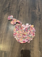 Pink Floral Print Baby Girl Ruffle Diaper Cover Sz EU 60/US 3-6 Mos  Headband