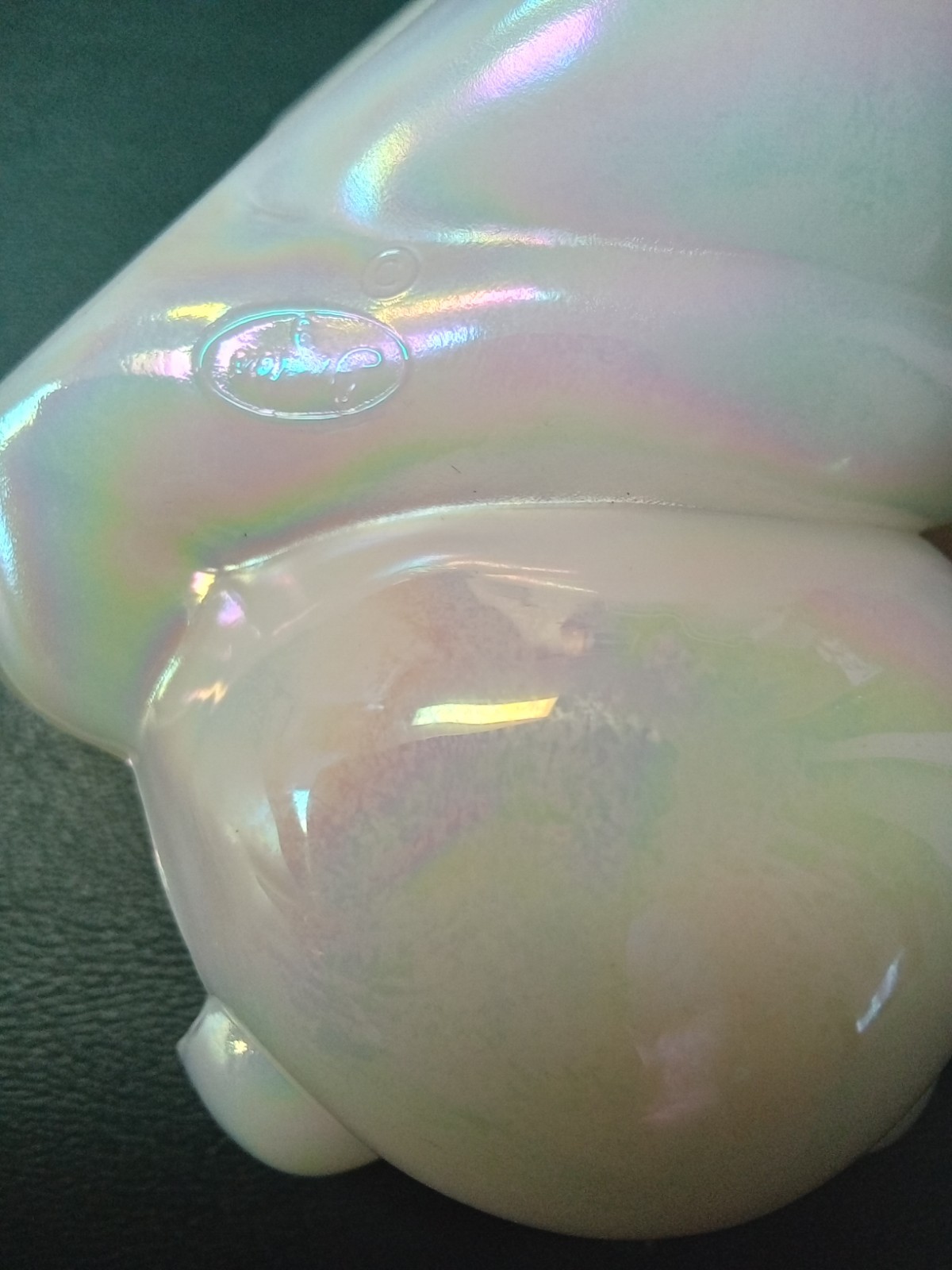 Vintage Fenton White Opalescent Art Glass Lounging Bear w/Pink Rose & Bow 4” L