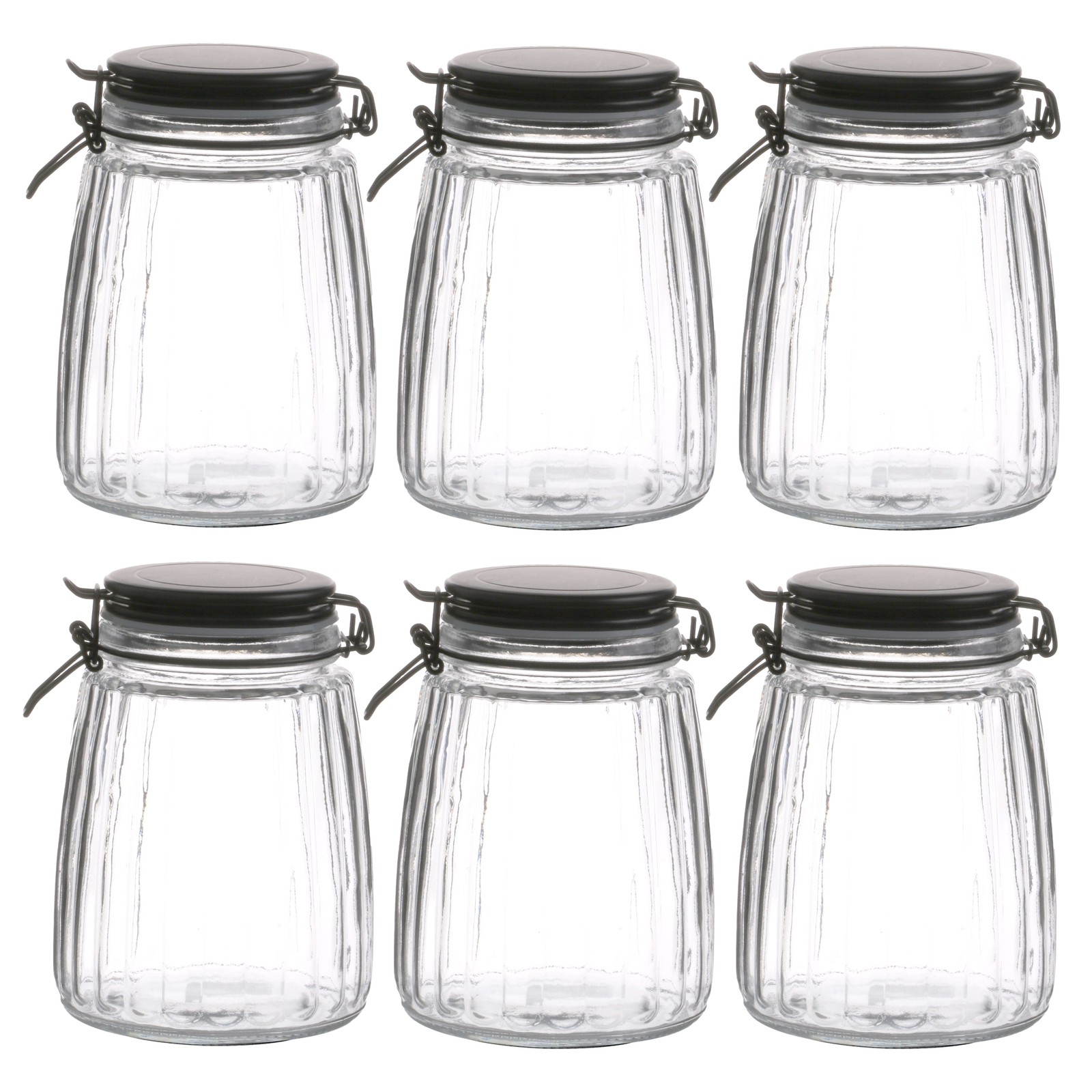 6Pcs 1.5Litre Glass Food Jar Preserving Black Cliptop Storage Coffee Canister