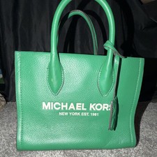 Michael Kors Green Pebbled Satchel Top Handle Bag with Logo Zip Accents