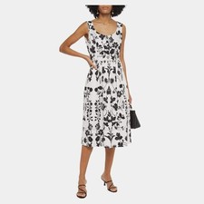 Oscar De La Renta Floral Midi Dress Black & White Cotton Pockets US 4 S NWOT