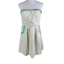 Cope Strapless Dress Cream Mint Trim Fit Flare Smocked Back Size 10