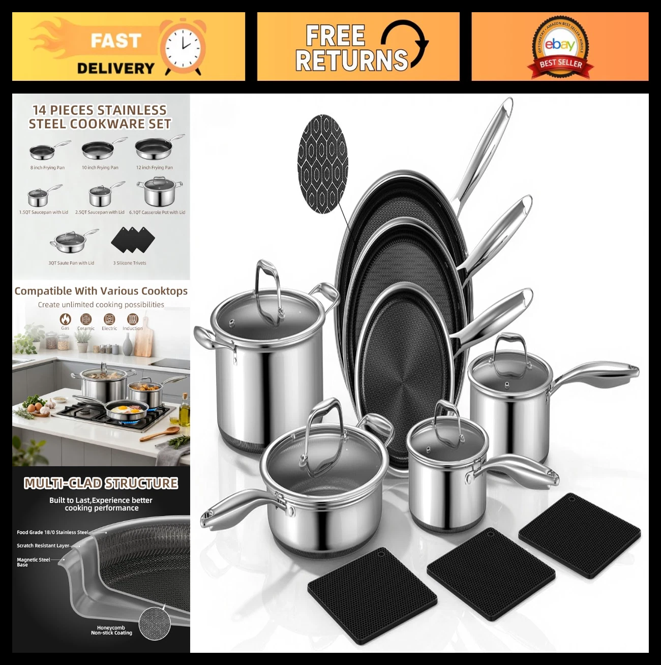 14-Piece Non-Stick Stainless Steel Cookware Set | Induction Frying Pans, Saucepa