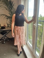 Blush pink Dainty Floral printed Flowy Midi skirt Ruffle UK Size 8 belted 