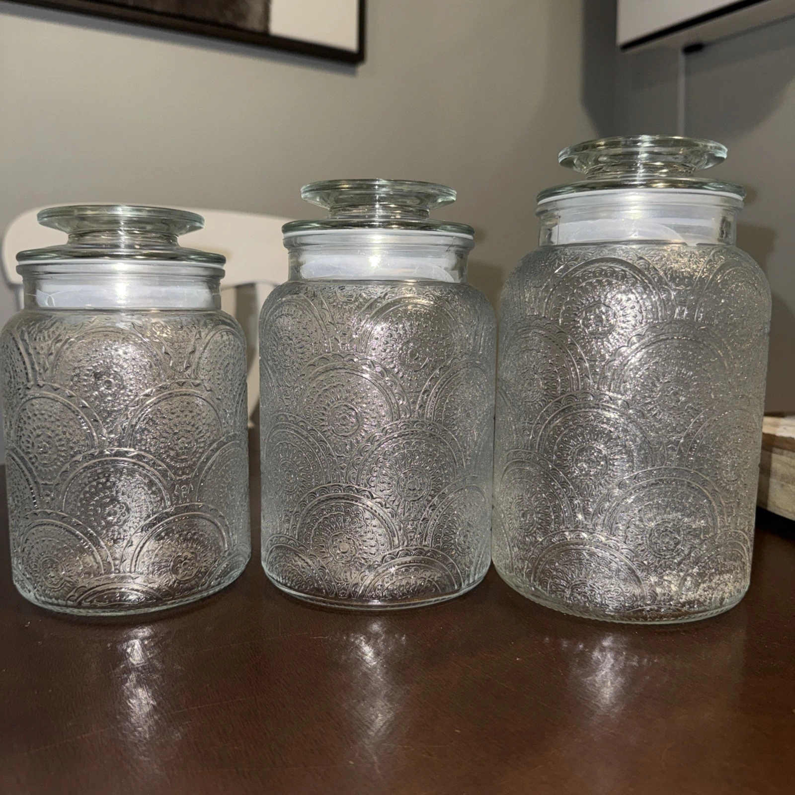 Set of 3 Ornate Glass Canisters (34oz, 44oz, 54oz) for Kitchen Elegance