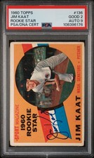 1960 TOPPS RC STAR #136 JIM KAAT ROOKIE RC PSA 2 DNA AUTO 9