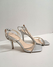 Women s Silver Rhinestone Strappy Stiletto Heel Sandals Size 9 Square Toed