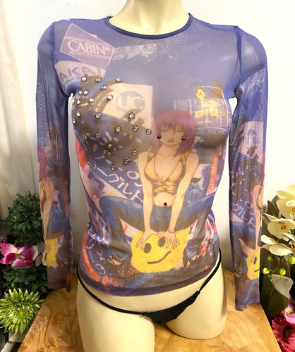 RARE VINTAGE Y2K JUST IN TIME USA SHEER MESH L/S TOP HAPPY FACE RHINESTONES-SZ M