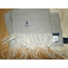 Polo Ralph Lauren Scarf Grey Cream Reversible Wool Fringed Purple Pony NWT
