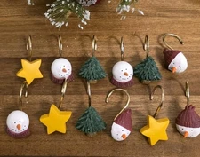 Set of 12 Christmas Holiday Shower Curtain Hooks Snowman, Tree, Star Excellent 