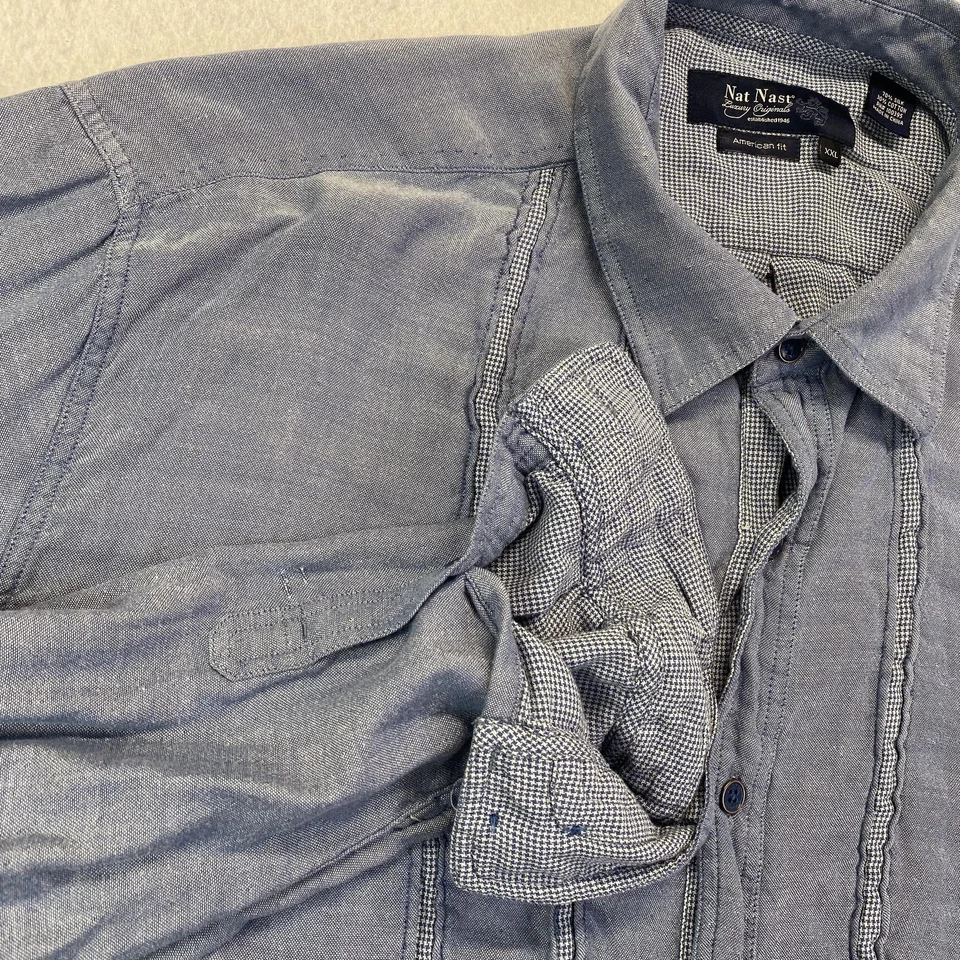 Camisa Nat Nast Original de Lujo Para Hombres XXL Azul Seda Algodón Pintuck Manga Larga Foto 4 de 4
