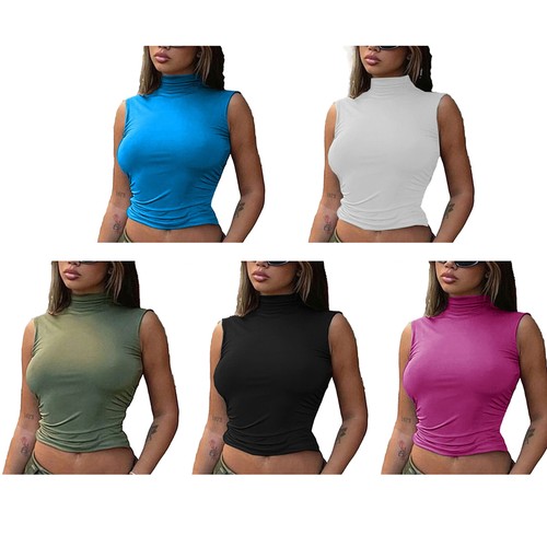 Damen Rollkragen Ärmellos Rückenfrei Y2K Crop Tops Tank Top für Club Party - Bild 3 von 16