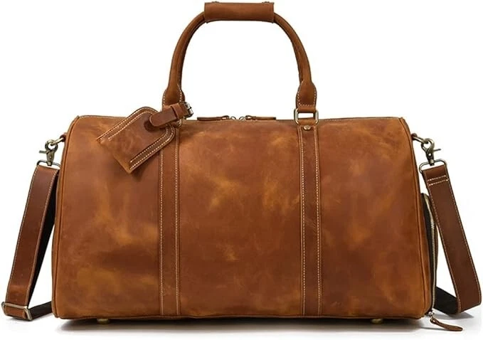 Bolso de equipaje de viaje deportivo de cuero de lona genuino vintage para hombre marrón envejecido Foto 2 de 4