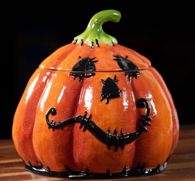Blue Sky Stitched Pumpkin Tall 8.5  Halloween Cookie Jar Canister 20094 NEW