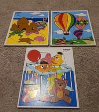 Lot of 3 VTG 1988 Assorted Themed Playskool Wooden Puzzles Sesame Street