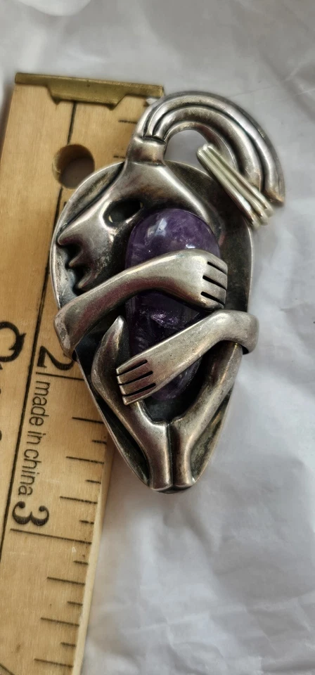 Broche grande colgante amatista azteca plata esterlina 925 MAB Taxco México Foto 3 de 4