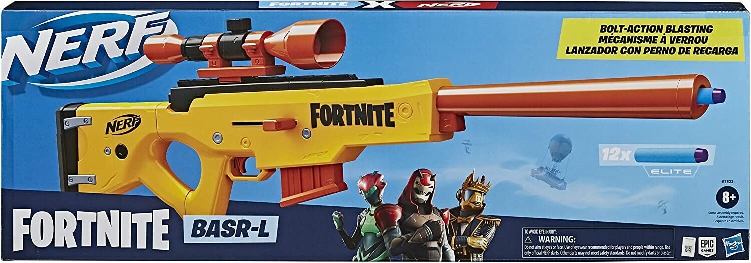 NERF Fortnite BASR-R Bolt Action Blaster - Incluye 3 objetivos de arbusto,  alcance extraíble, clip de 6 dardos extraíble, 6 dardos oficiales Elite