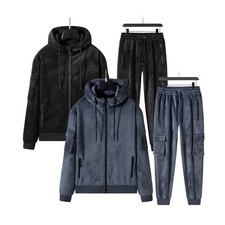 New Men's Cargo Utility Velour Tracksuit Set Zipped Pocket Sweatshirt Joggers