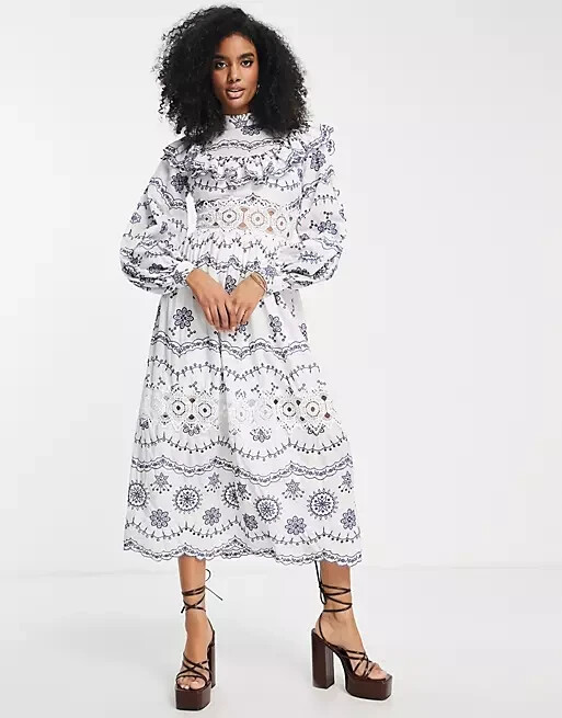asos edition broderie shirt dress in black ASOS DESIGN broderie long sleeve mini shirt dress in black