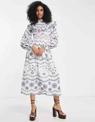 BNWT ASOS EDITION Broderie Blouson Sleeve Midi Dress with Contrast  Embroidery | eBay UK