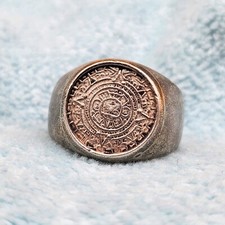 Vintage Aztec Calendar Mexico Artisan 925 Sterling Silver Round Ring Size 9, 13g