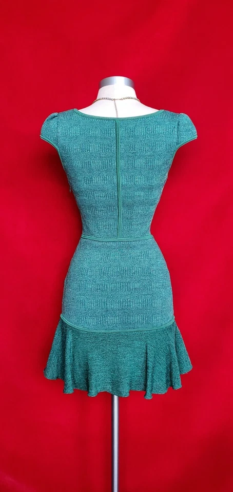 Vestido Vintage Zac Posen Verde Elástico Lurex Manga Corta Talla S/M Foto 2 de 4