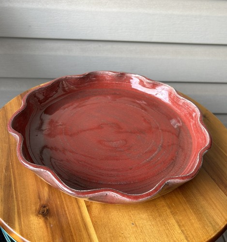 Vintage Red Crimped Rustic Primitive Art Pottery Dish Pie Plate 11"-Signed JL