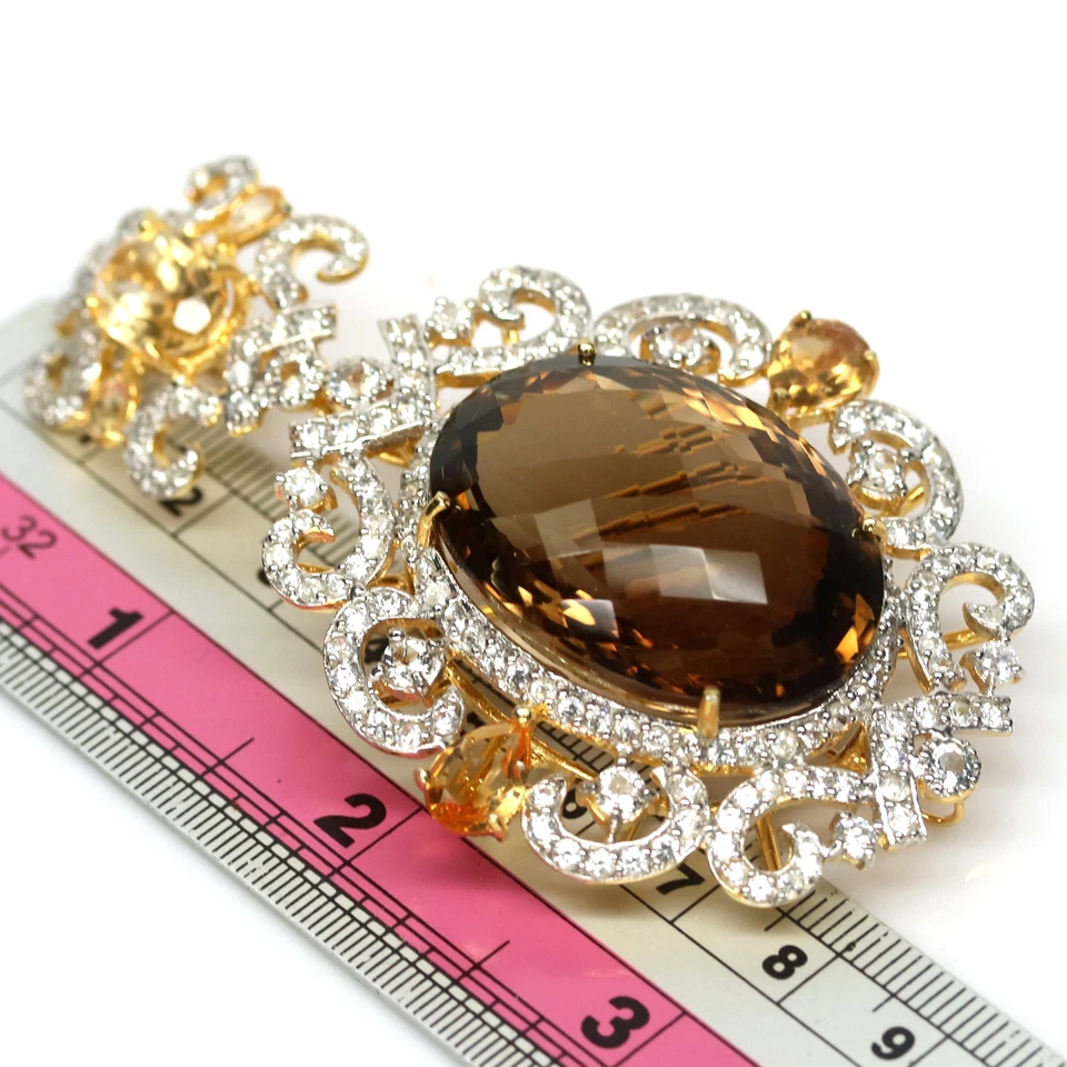 Natural 24 X 34 mm. Broche Topacio Circón Citrino Cuarzo Ahumado Plata 925 Foto 3 de 4