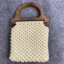 Vintage 70s Macrame Handbag Cream Wooden Handles Boho Handmade Purse Festival
