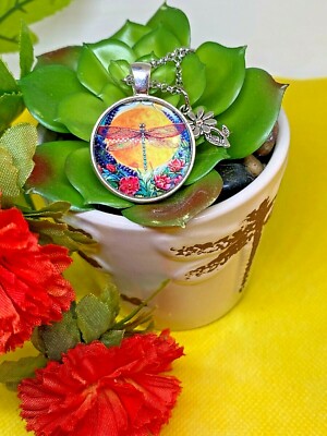 Dragonfly Pendant Necklace Glass Art Daisy Memorial Lotus flower BIRTHDAY GIFT