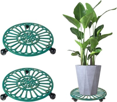 Sungmor Cast Iron Plant Caddy With Wheels 2PCS Round Shape Rolling Plant Stands