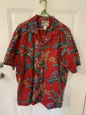 Vintage Paradise Found Mens Magnum PI Red Hawaiian Shirt Purple Parrot Size XL