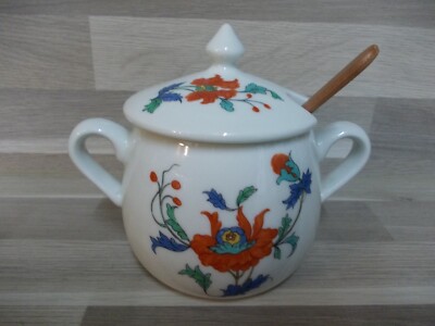 Mustard Pot Limoges Porcelaine De Paris Décor Pavot with Melamine Spoon