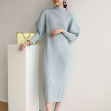 Autumn Spring New High End Pleated Casual Loose Half High Collar Batsleeve Dress