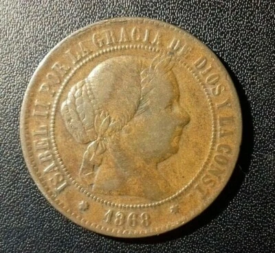 ESPAGNE 5 Centimos de Escudo Isabelle II / écu couronné 1868 en cuivre - Photo 1/2