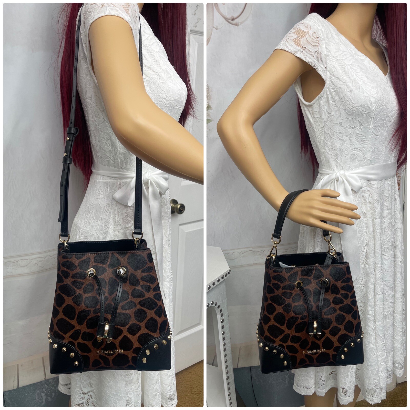 Michael Kors Mercer Gallery Small Calf hair Animal Print Bucket Bag NWTS $358