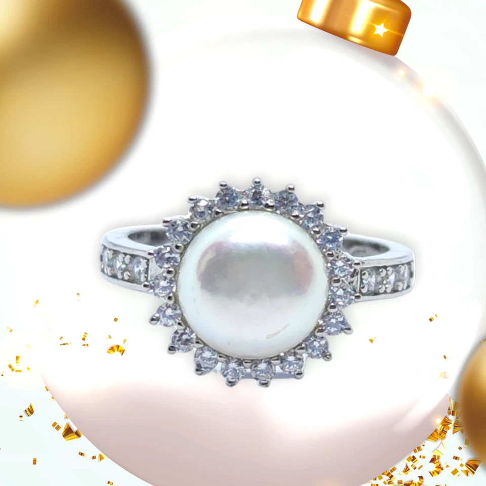 Anello donna argento 925 con perla naturale e zirconi bianchi solitario fascia - Immagine 2 di 4