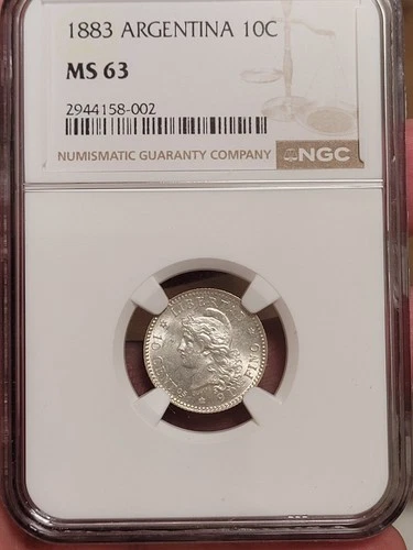 1883 Argentina 10 Centavos. NGC MS 63  KM-26