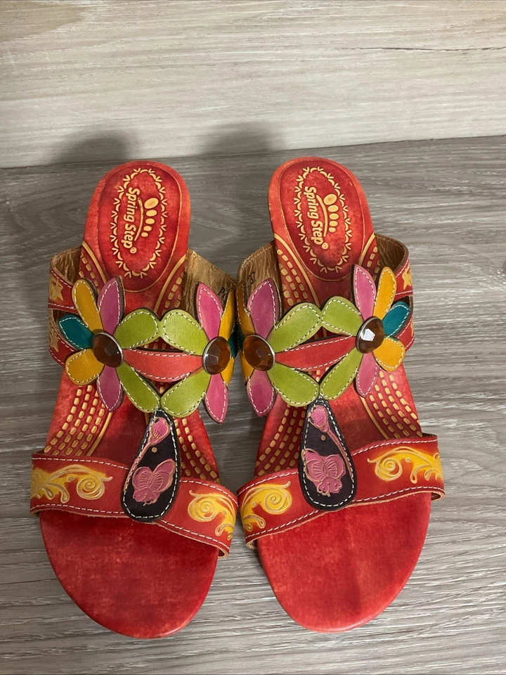 Spring Step Papaya Sandals Womens Size 37 Red Multi Flower Leather Heels Shoes - Image 4 of 4