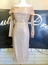 Ricarica Champagne Sequin Formal Dress Womens Evening Gown Wedding Guest Small