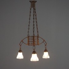 Lampadario Liberty Antico Metallo Paralumi Vetro Italia XX Secolo Originale