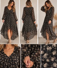 ASTR the Label Black Beige Floral Chiffon Smocked Ruffle Hi-Low Maxi Dress L