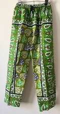 Green African Graphic Print Pants Women M 8 Elastic Waist Crop Resort Statement