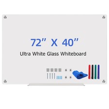 Glass Whiteboard, 72" x 40", Magnetic with Markers, Eraser, Tray and Magnets,...