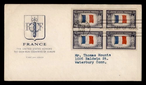 DR WHO 1943 FDC OVERRUN NATIONS WWII PATRIOTIC CACHET FRANCE BLOCK R42369