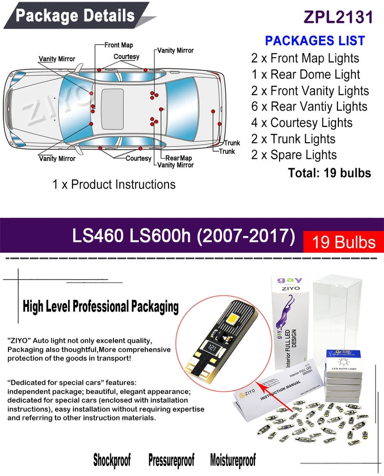 19 Bulbs LED Interior Light Kit for Lexus LS460 LS600h White Light Bulbs Package - Image 2 of 4