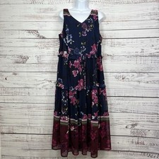 Roz & Ali Dress Womens Size 16 Blue Floral V Neck Tiered Sleeveless Lined Midi