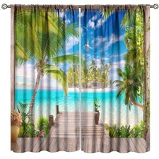 Ocean Landscape Curtains Sea Beach Tropical Palm Trees Pattern Print Decor Ro...
