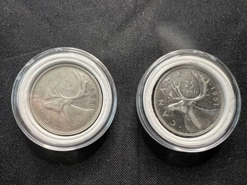 1951 Canadian 25 cent + 1960 Canadian 25 cent - 80% Silver - Both in Capsules