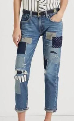 NWT Ralph Lauren RELAXED TAPER Distressed/Patchwork Blue Jeans Women's 33/16